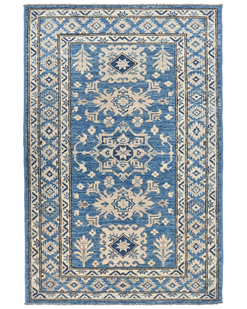 3x5 Feet Blue Kazak Afghan Hand Knotted Geometric Wool Area Rug